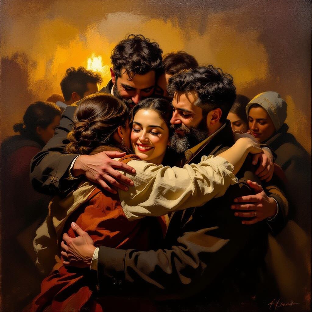 Reunion of Kin in Dramatic Oil Painting Style