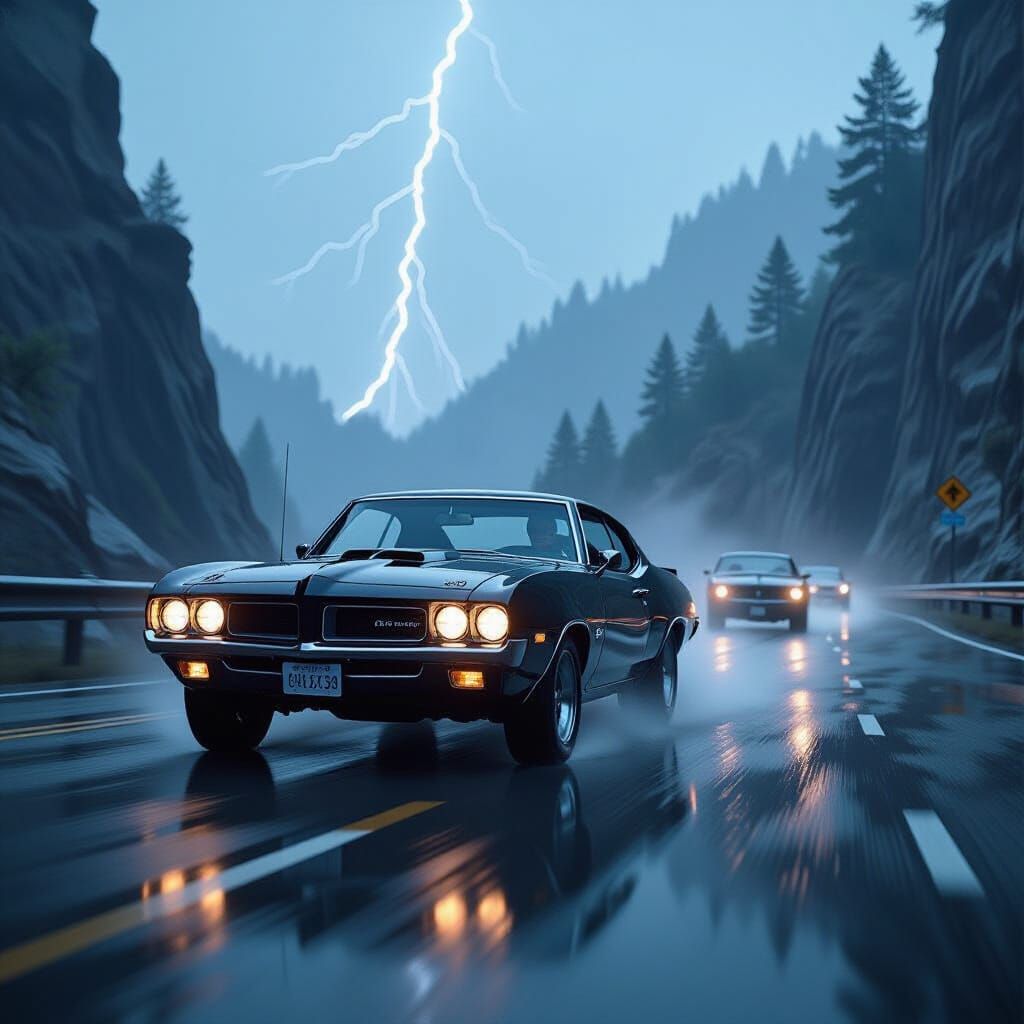 Pontiac GTO Canyon Chase in Stormy Cinematic Scene