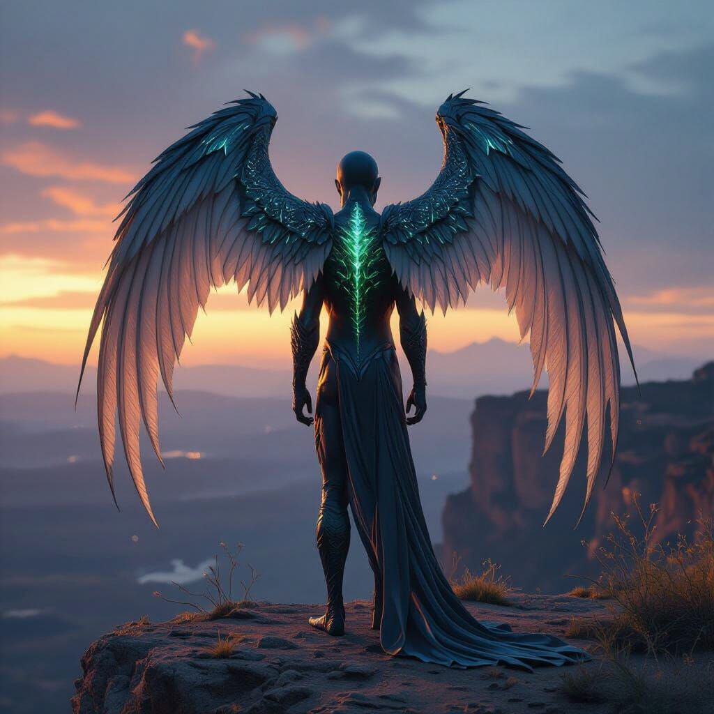 Male Humanoid with Six Snakeskin Wings on Cliff