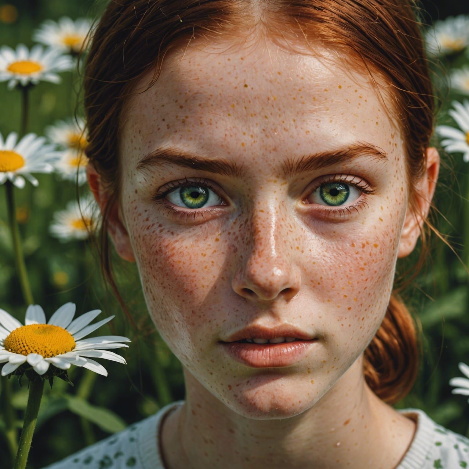 Freckled Girl Portrait with Daisy Reflection