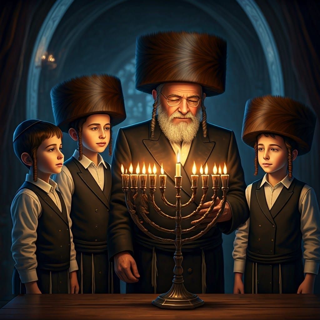 Serene Jewish Man Lights Menorah in a Fantastical World of W...
