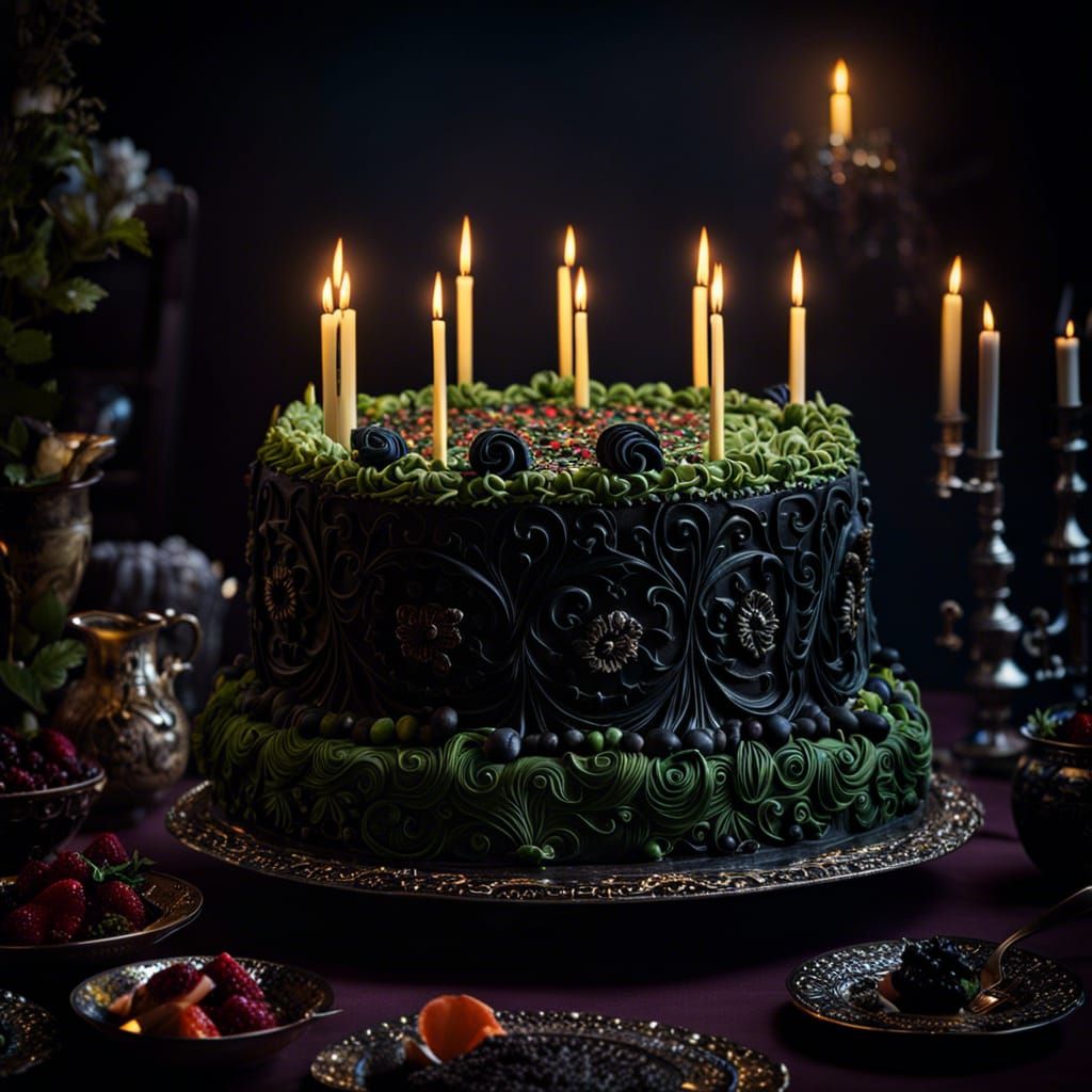 Intricate Goth Cake with Cinematic Lighting