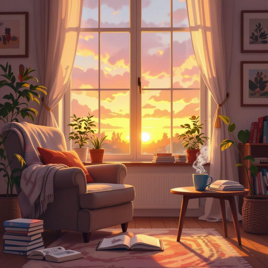 Cozy Living Room at Sunset, Warm Ambient Glow
