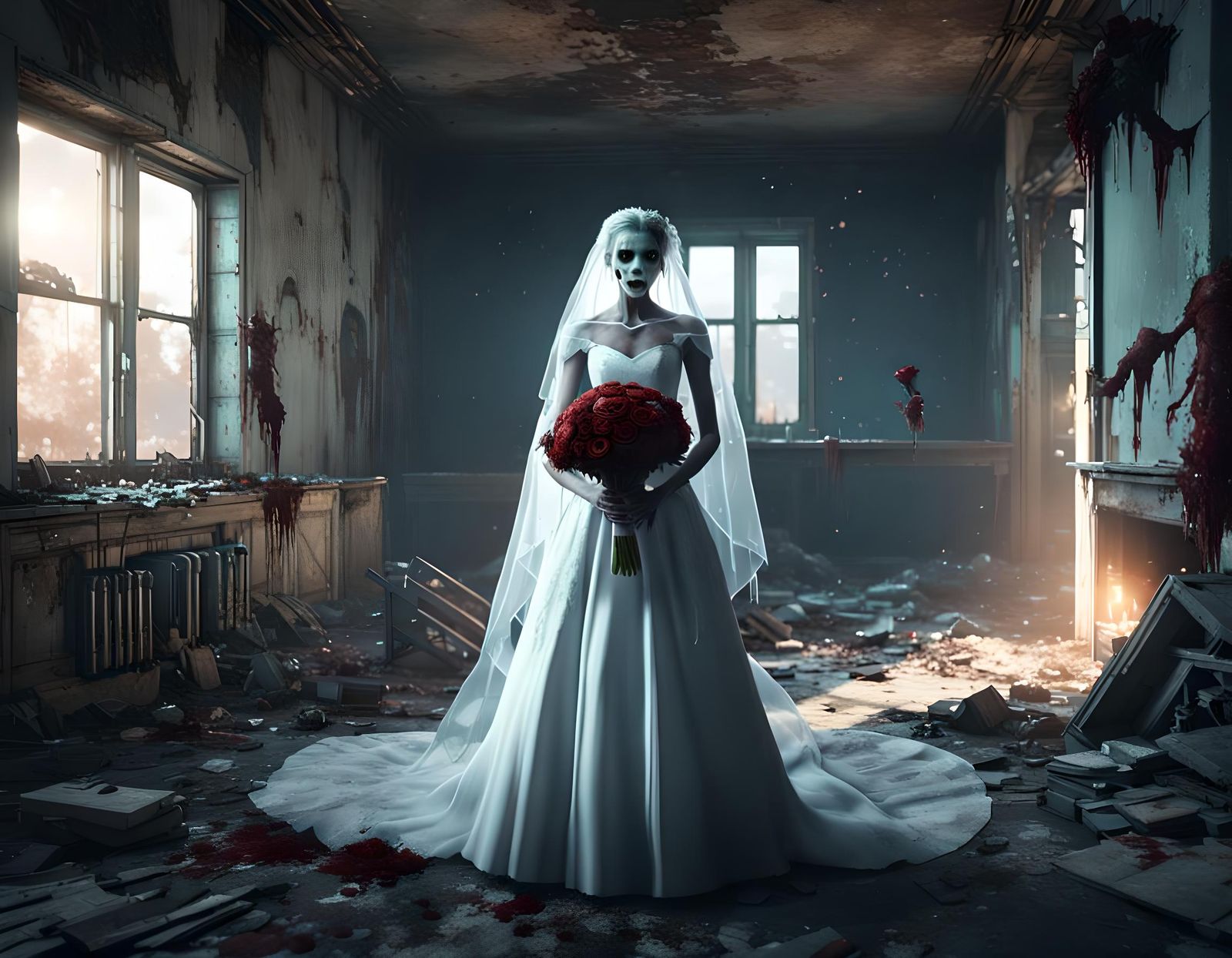 Zombie Bride Ghost in Abandoned House, 3D Render