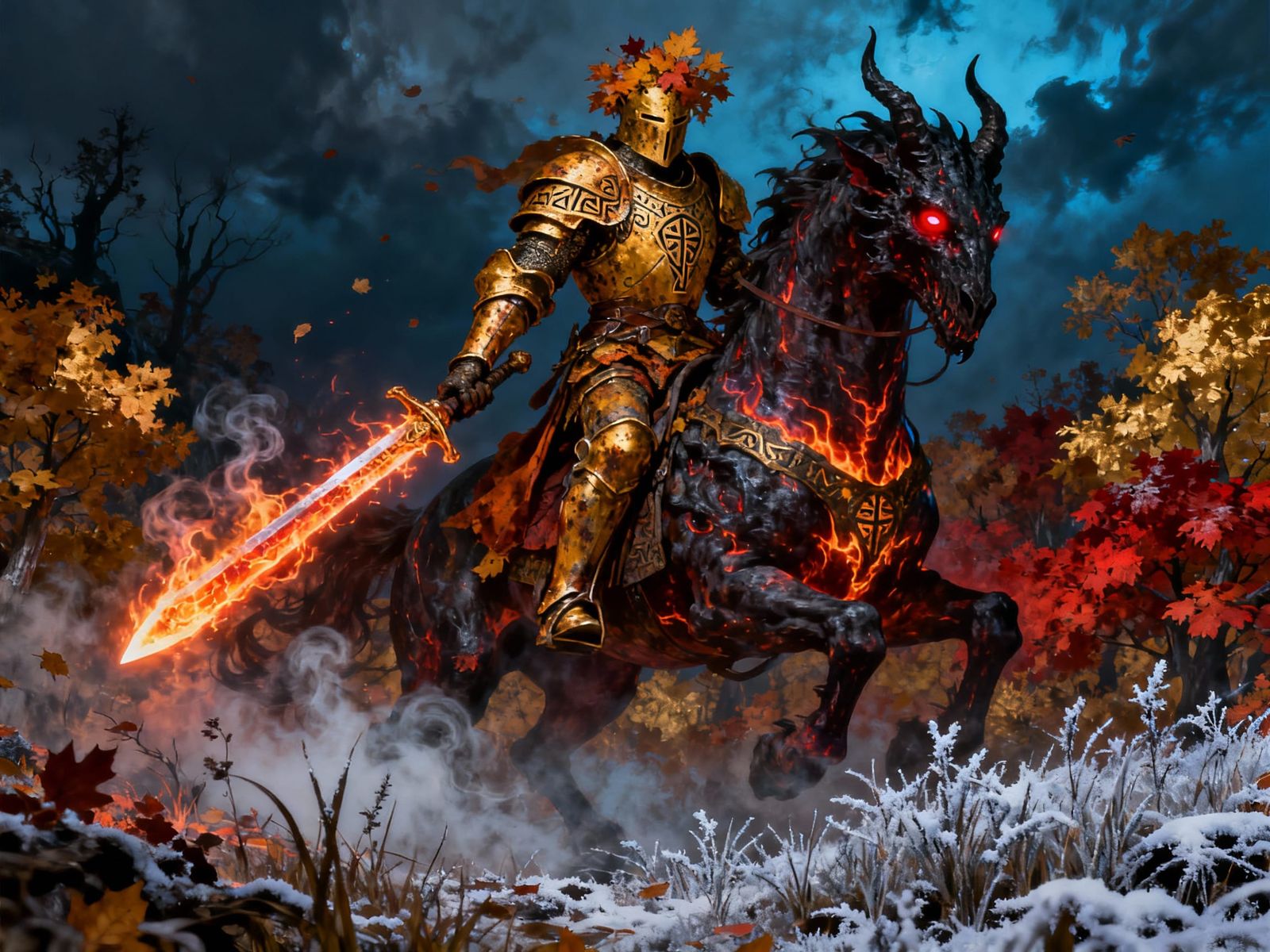 Autumn Knight with Fiery Sword Riding Nightmare Steed