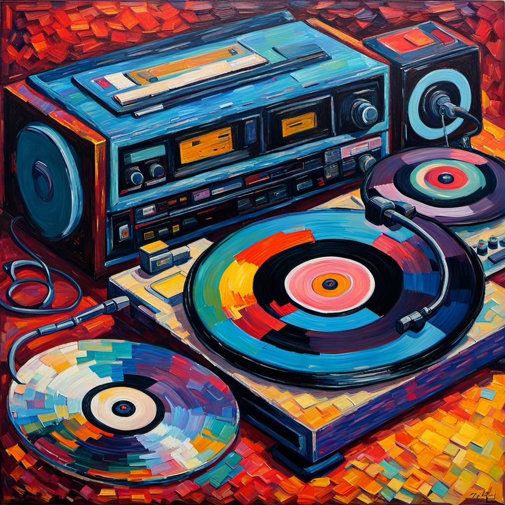 80's Disk Player in Expressionist Oil Painting
