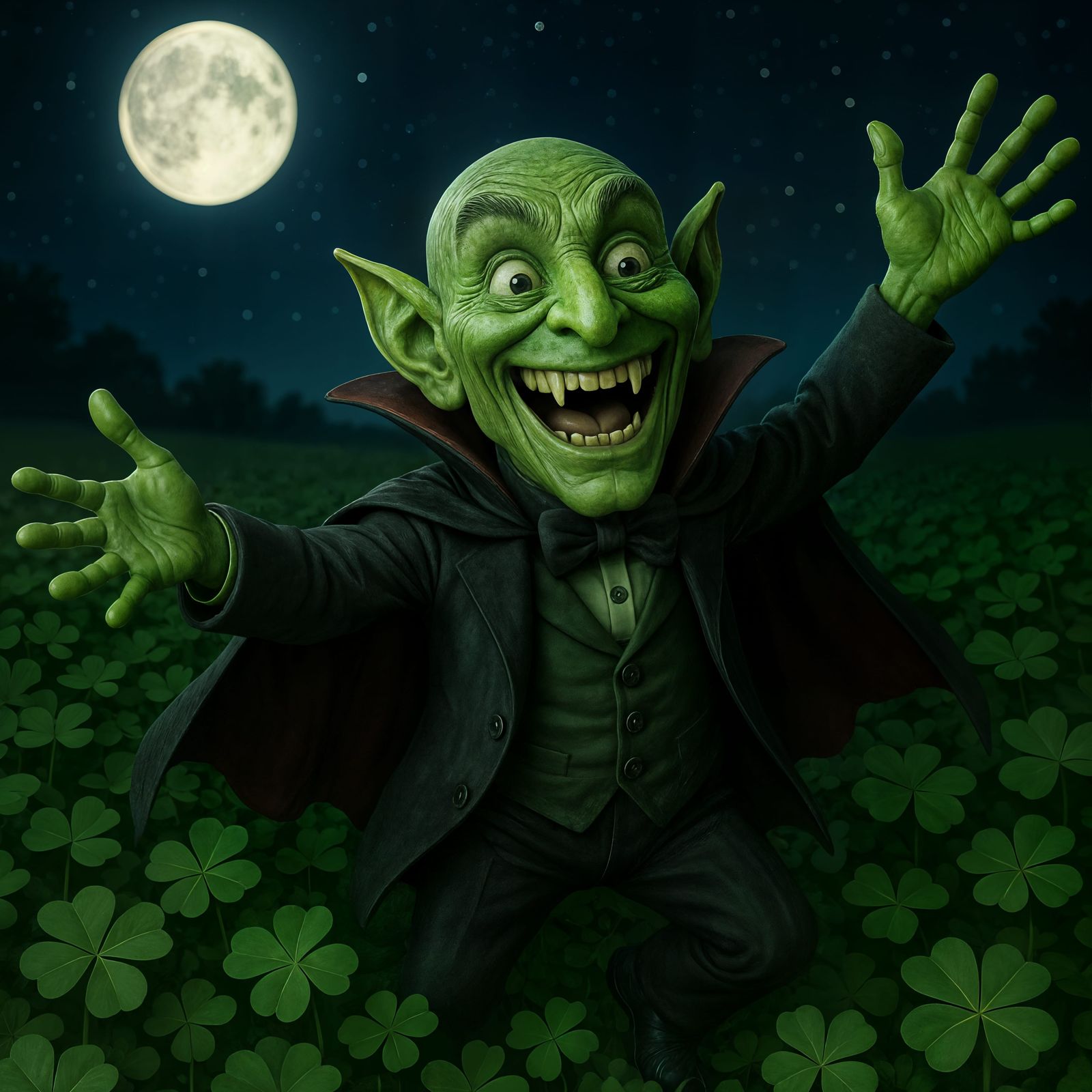 Joyful Green Vampire in Shamrock Field at Night