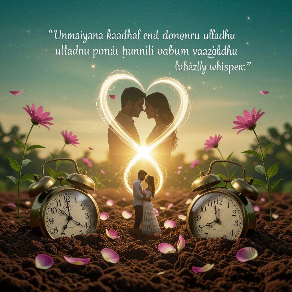 Surreal Scene: Time Fades, Love Blooms from Clocks