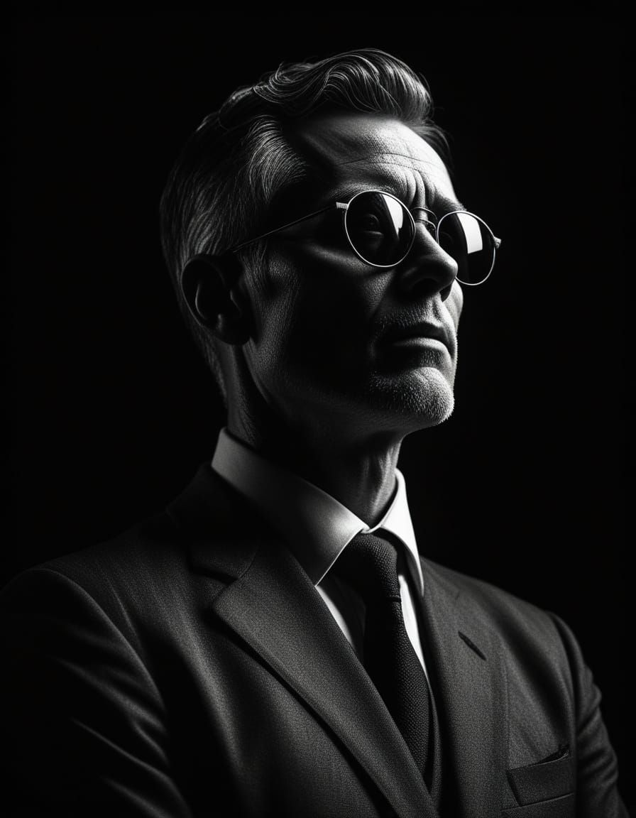 Man Gazes Upward in Dramatic High-Contrast Portrait