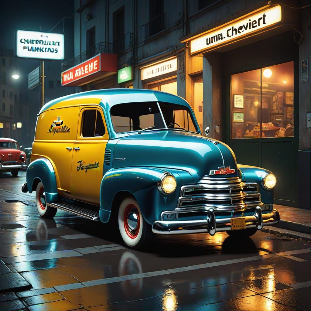 Restored 1951 Chevy Panel Van in Hyperrealistic Style