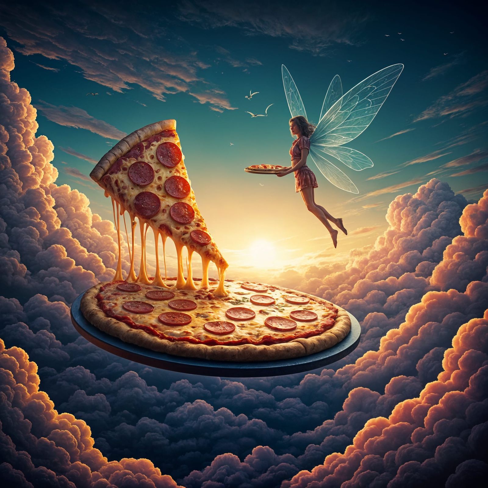 Pizza Delivery Fairy in Dreamlike Sky