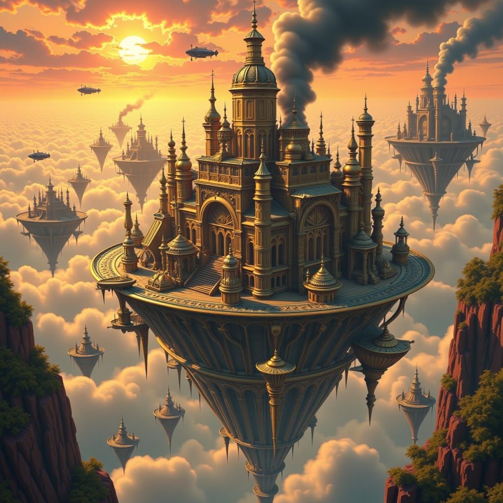 Steampunk Clockwork Islands with Dirigibles at Sunset