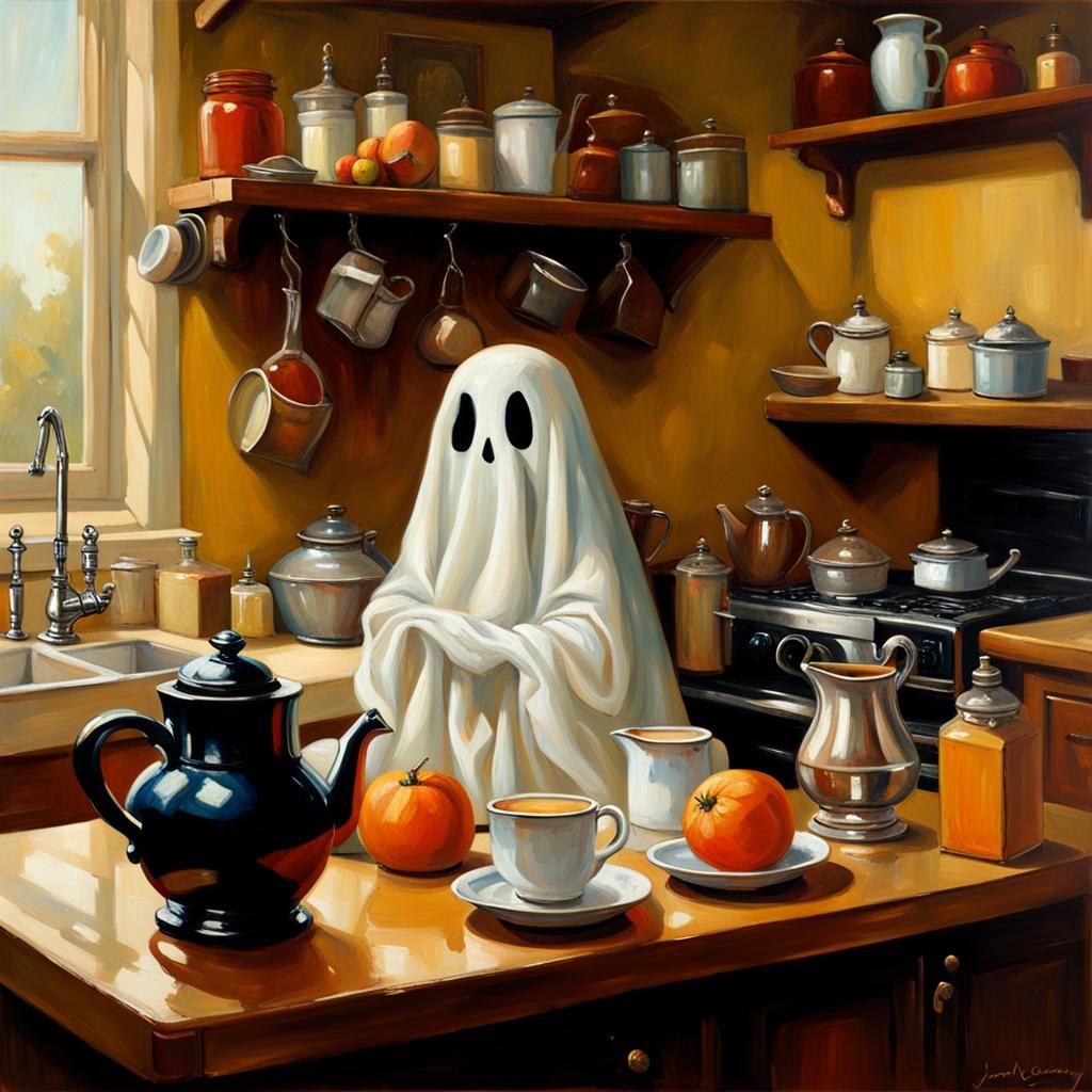 Whimsical Ghost Still Life in Kitchen, Oil Painting
