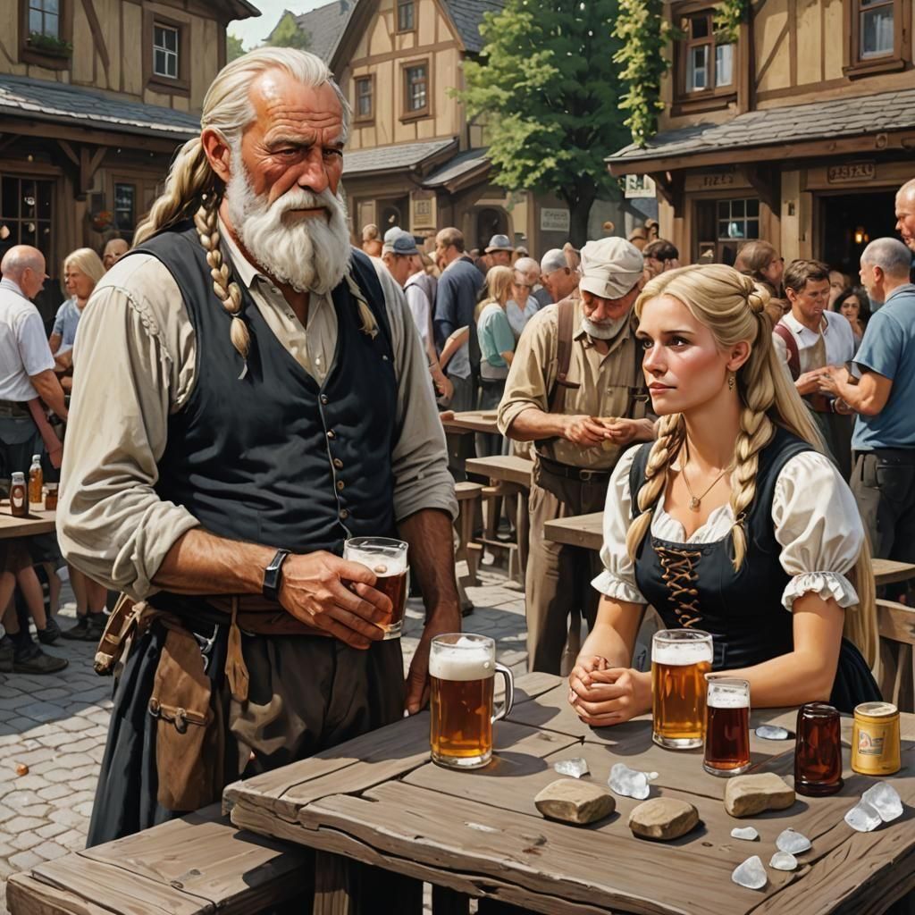 German Fest Girl Serving Beer, Sinister Art Style