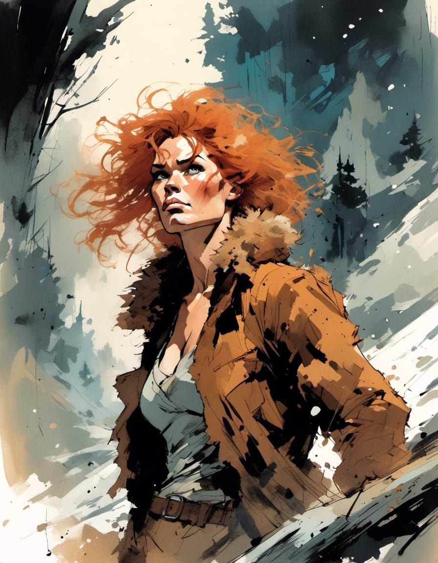 Cavewoman Action Portrait with Voluminous Hair