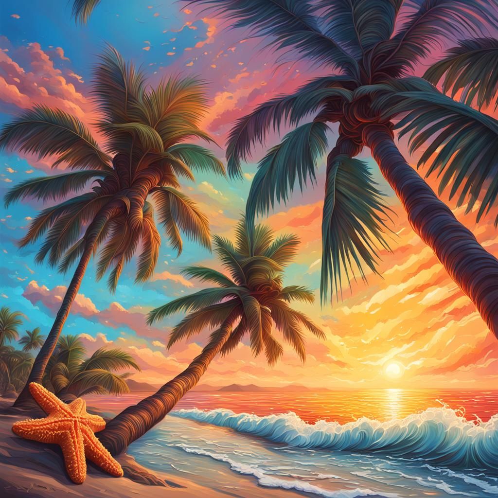 Hyperrealistic Beach Sunset with Starfish Splash Art