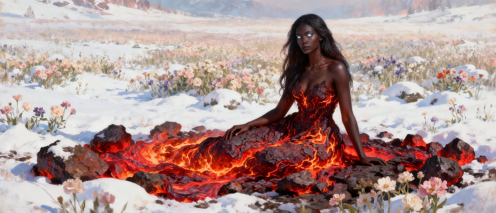 Woman in Lava Dress Amidst Snowy Flowers
