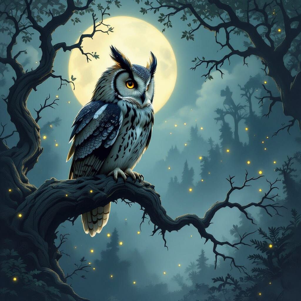 Wise Owl in Misty Forest Moonlight, Fantasy Illustration Sty...