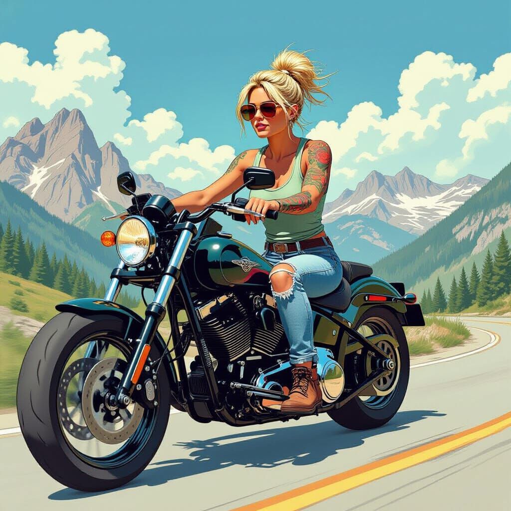 Motorcycle Ride Through Mountains in Comic Book Style