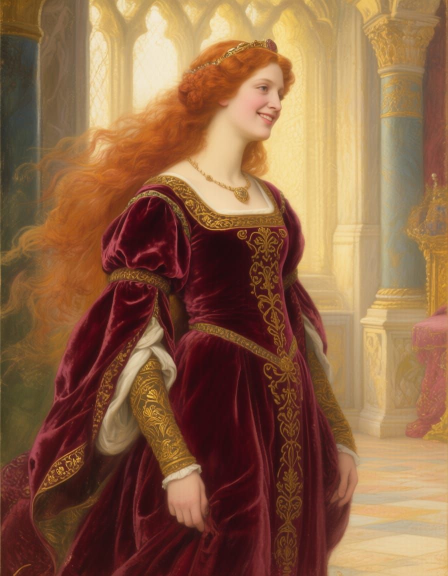 Medieval Queen in Velvet Gown, Pre-Raphaelite Style