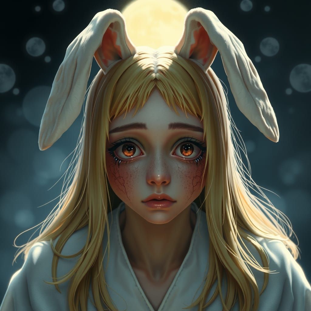 Woman with Rabbit Ears Begging in Moonlight