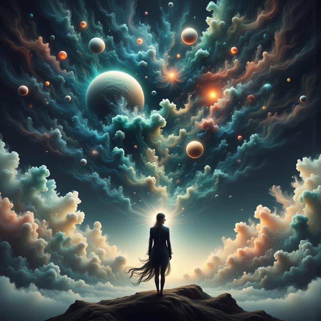 Surreal Silhouette in Dreamlike Planetary Landscape