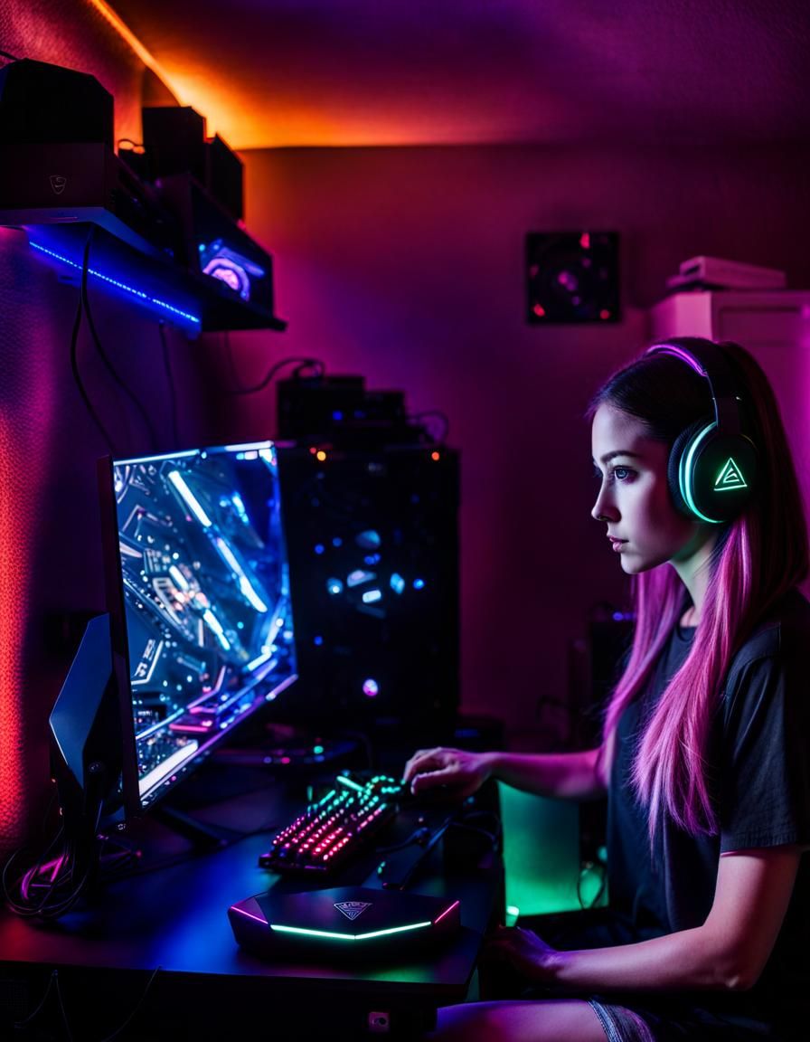 Gamer Girl with Ethereal PC Setup