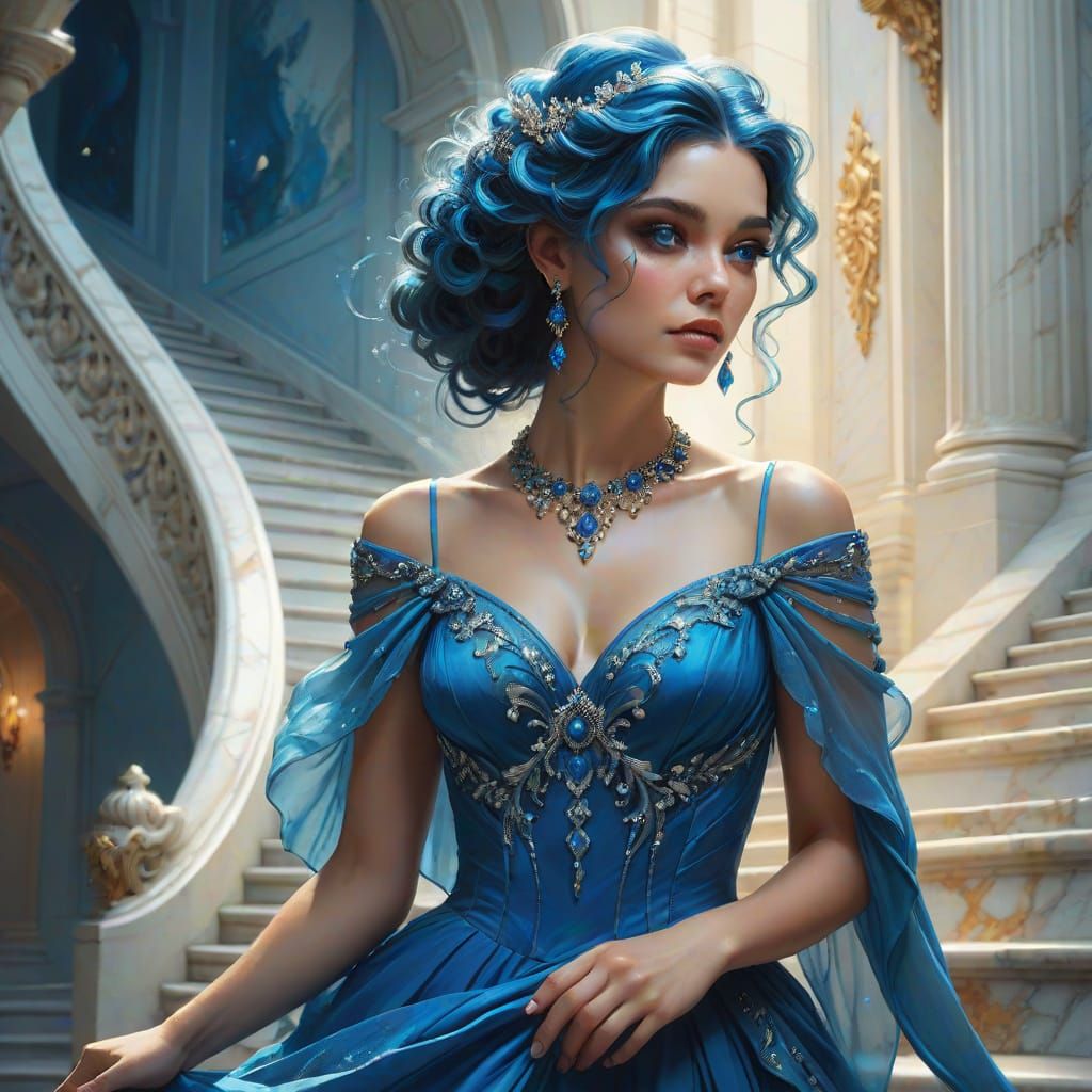 Elegant Fairy Descends Marble Staircase in Vibrant Colors