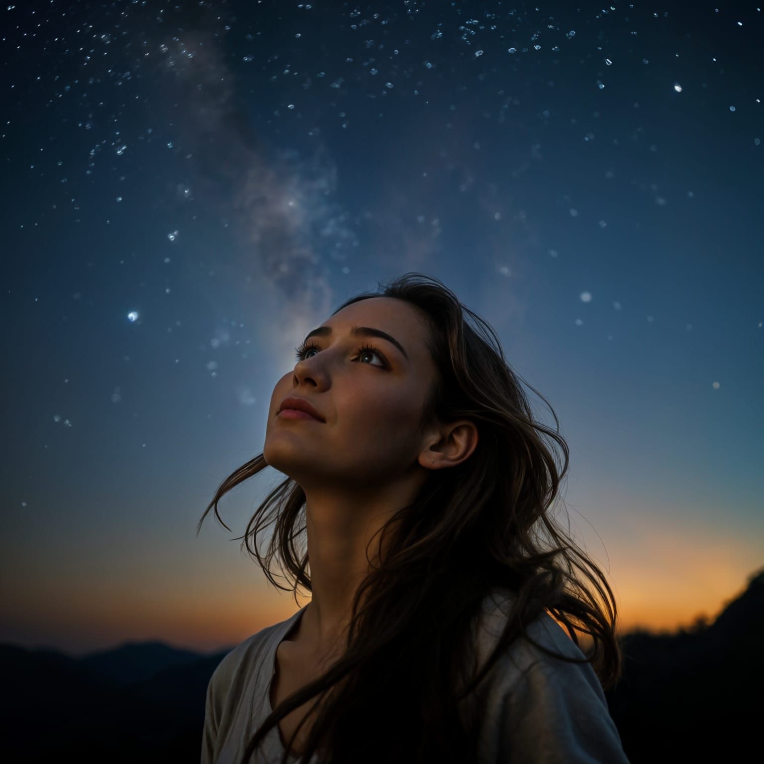 Woman Watching the Northern Lights Under Starry Sky