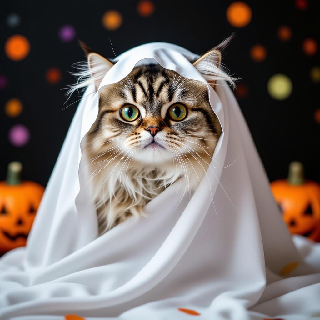 Startled Persian Cat in Ghost Costume for Halloween