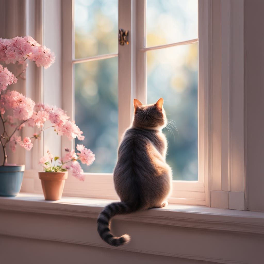 Whimsical Cat Window Scene in Watercolor Style