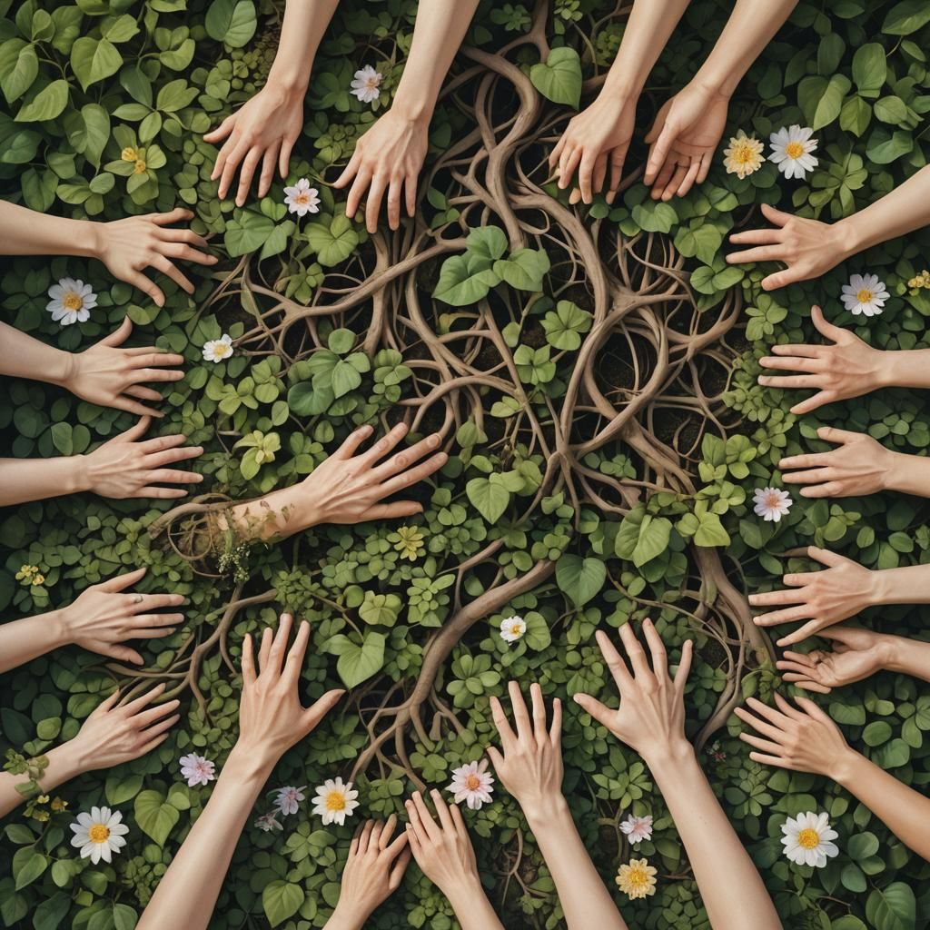 Intertwined Hands and Roots in Lush Surrealism