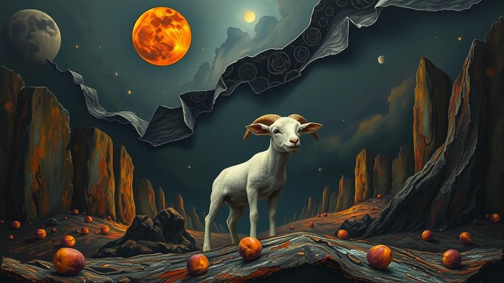 Lamb Amidst Apocalyptic Turmoil: Surreal Automatism Art