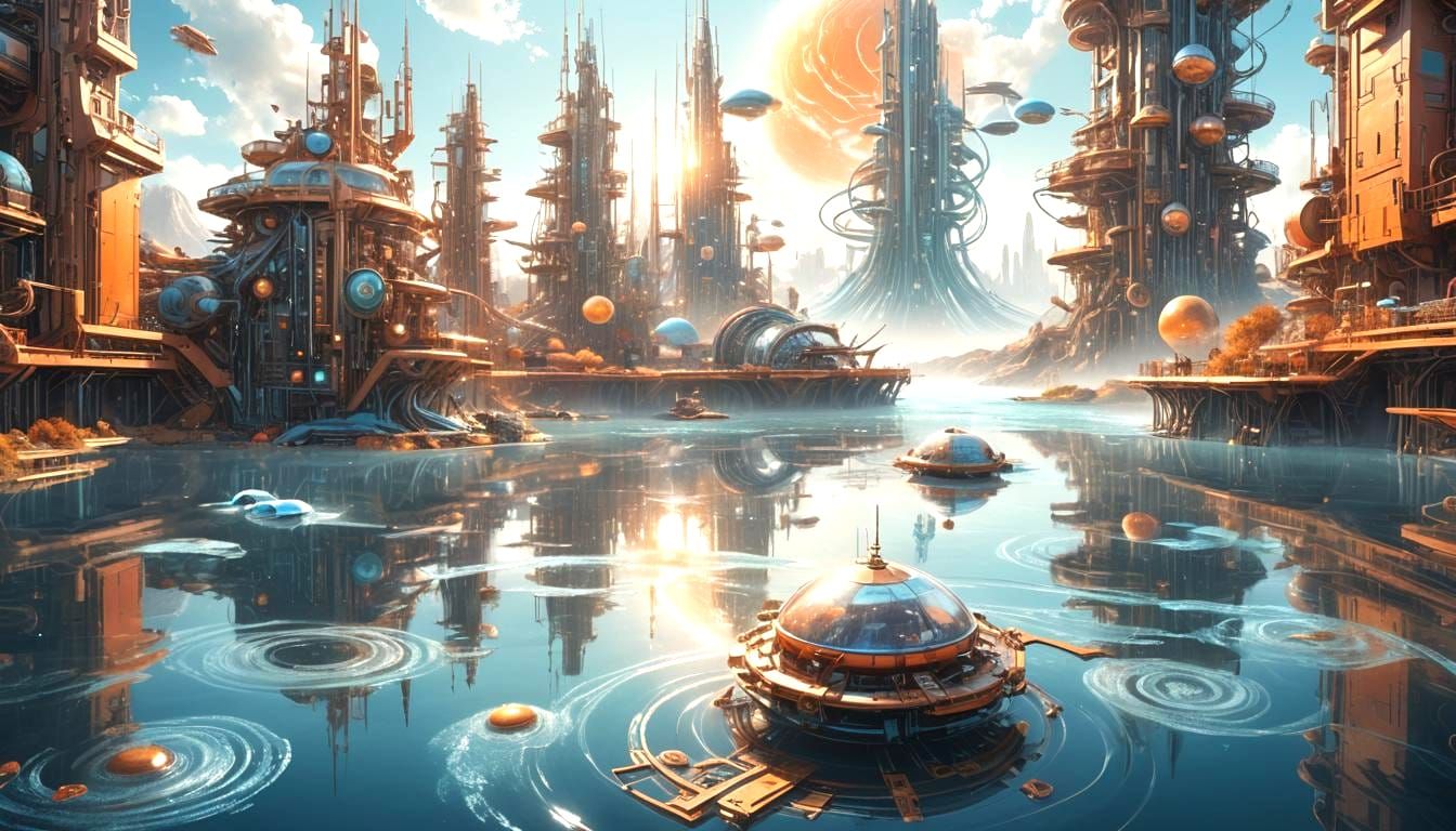 Technological Elements Rising from Lake: Fantasy Concept Art