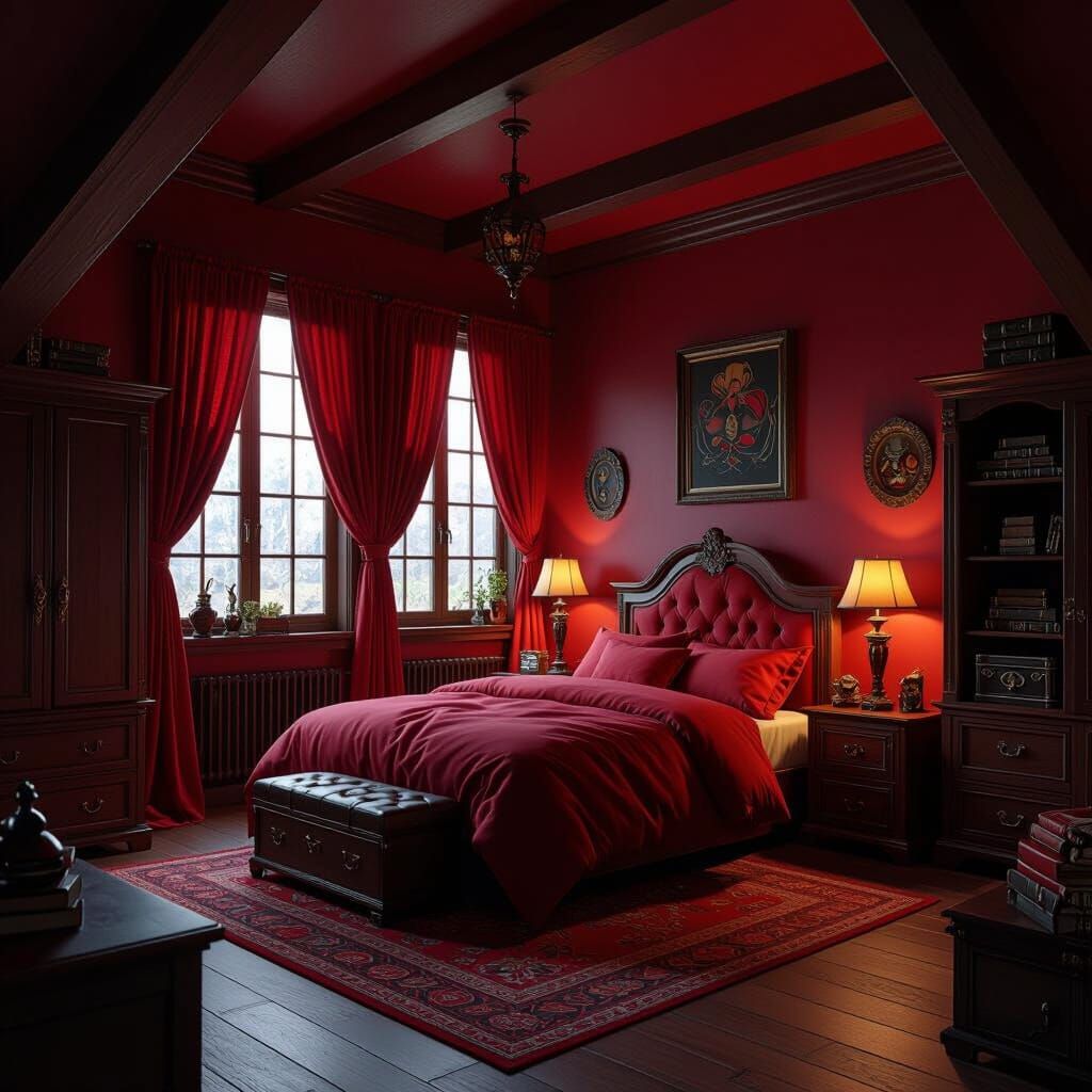 Crimson Attic Bedroom with Plush Red Bed and Dark Wood Accen...