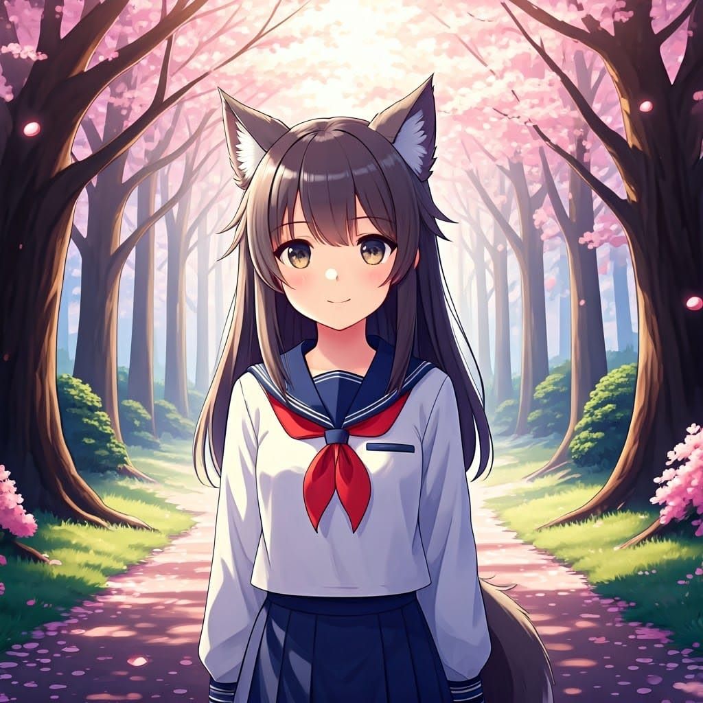 Anime Wolf-Girl in Japanese Cherry Blossom Forest
