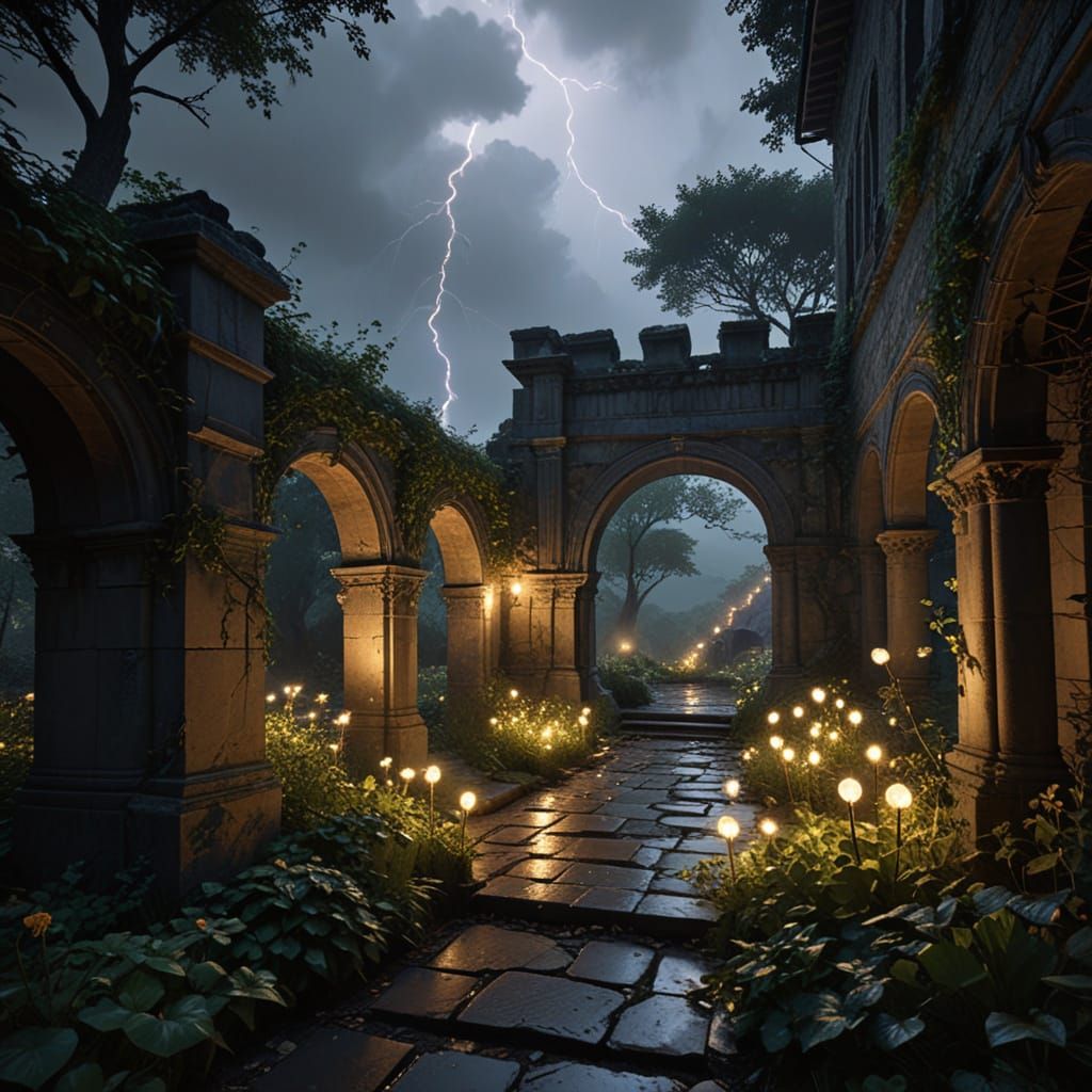 Stormy Night Garden with Gothic Archway