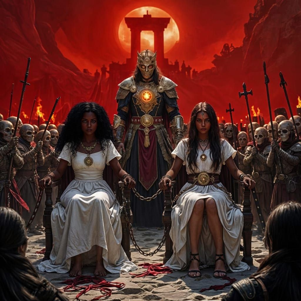 Dark Fantasy Concept Art: Chained Warriors Under Blood Moon