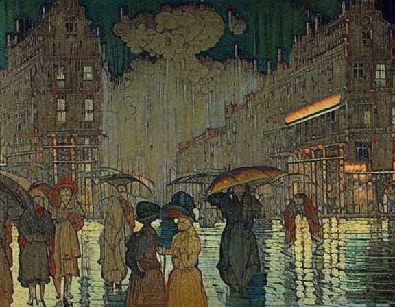 Rainy Night Street Scene in Golden Age Illustration Style