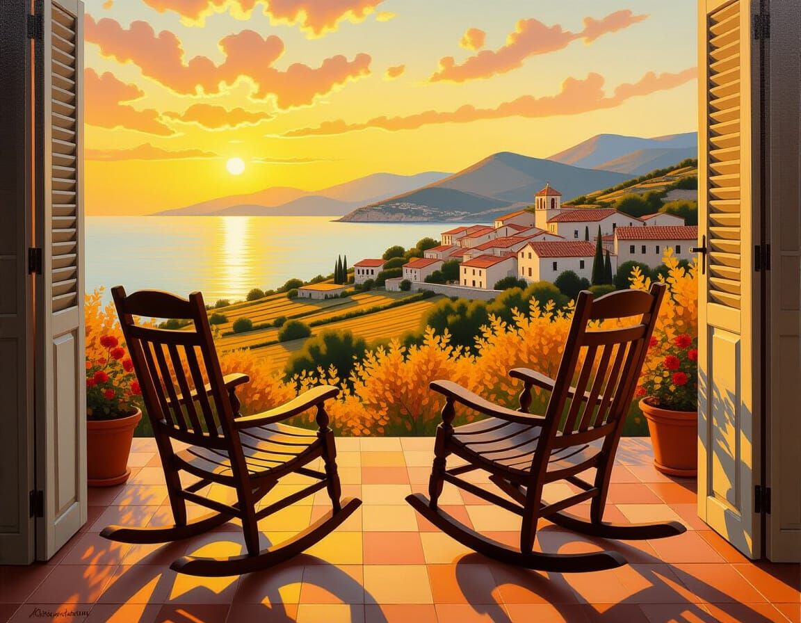 Corsican Seaside Veranda at Sunset, in Oil Painting Style