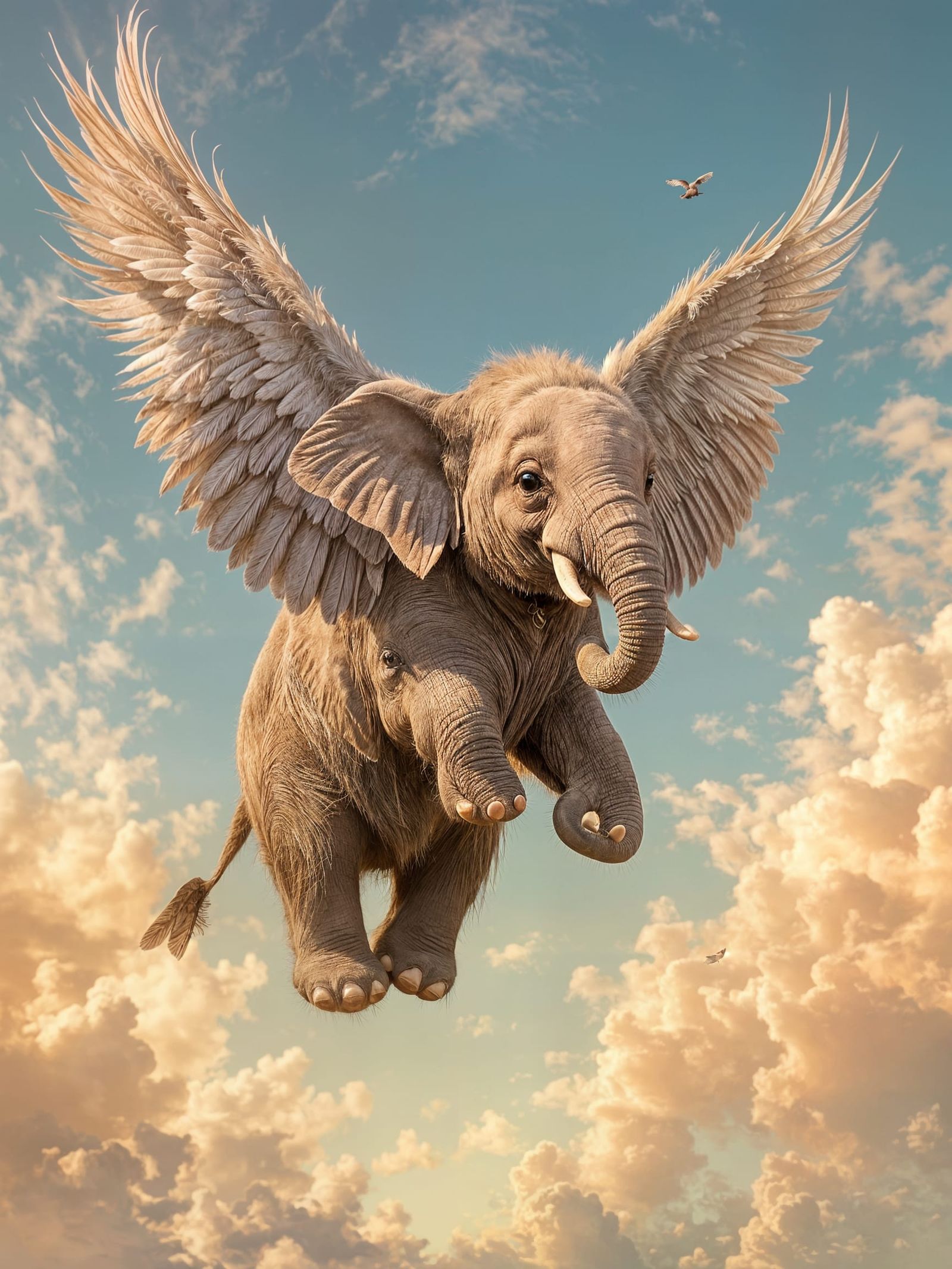 Tiny Elephant with Delicate Wings soars in Whimsical Sky