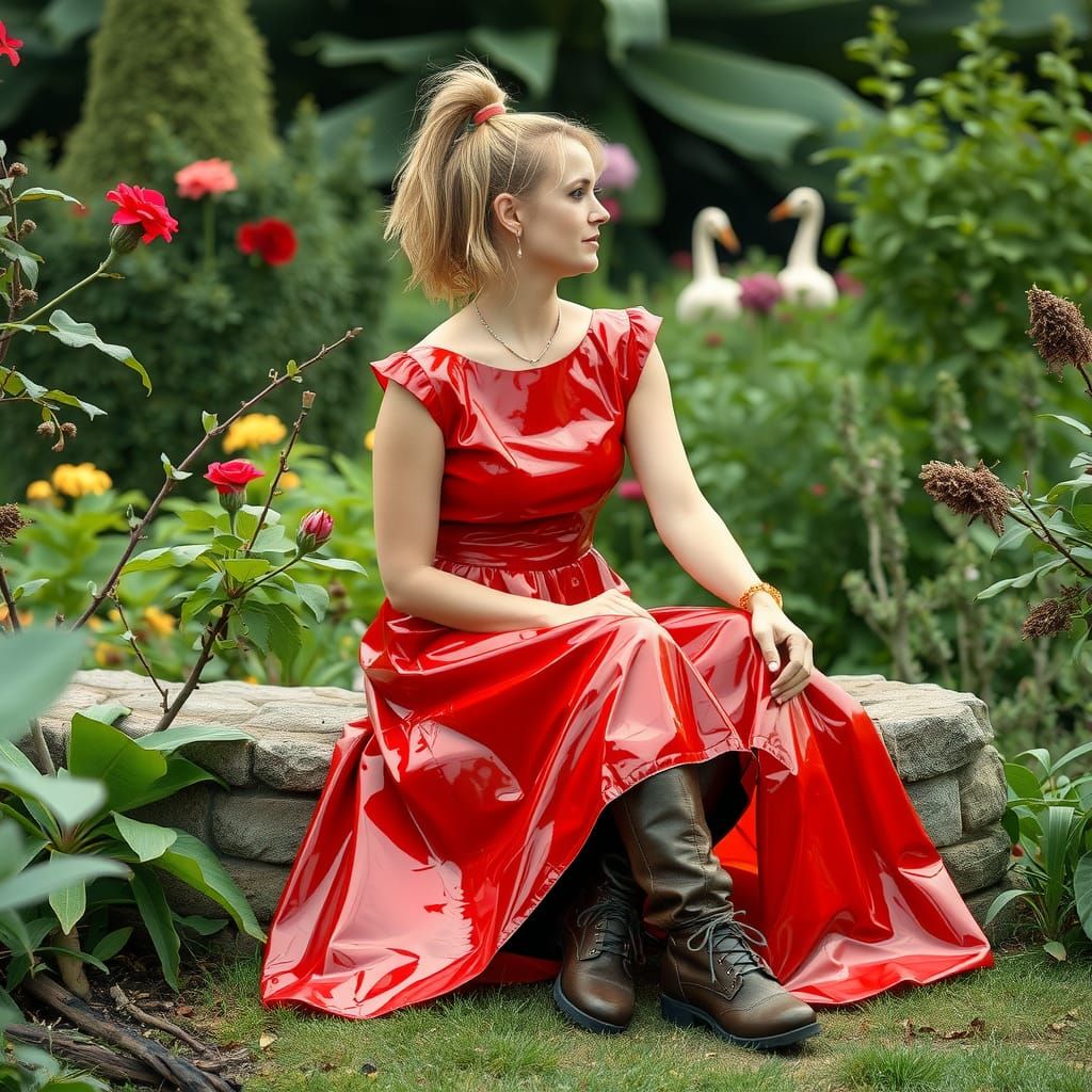 Woman in Red PVC Dress in Garden