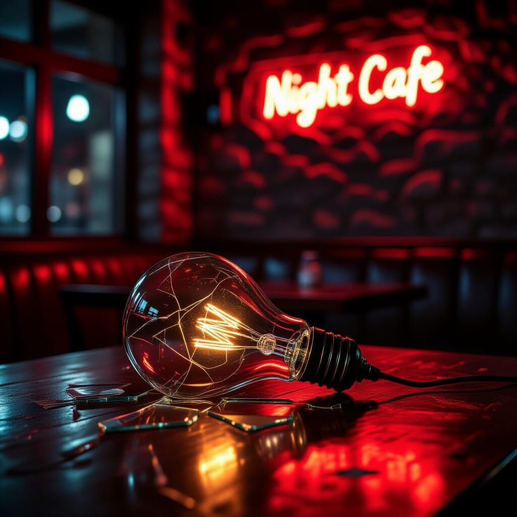 Broken Lamp on Bar Table in Moody Cafe