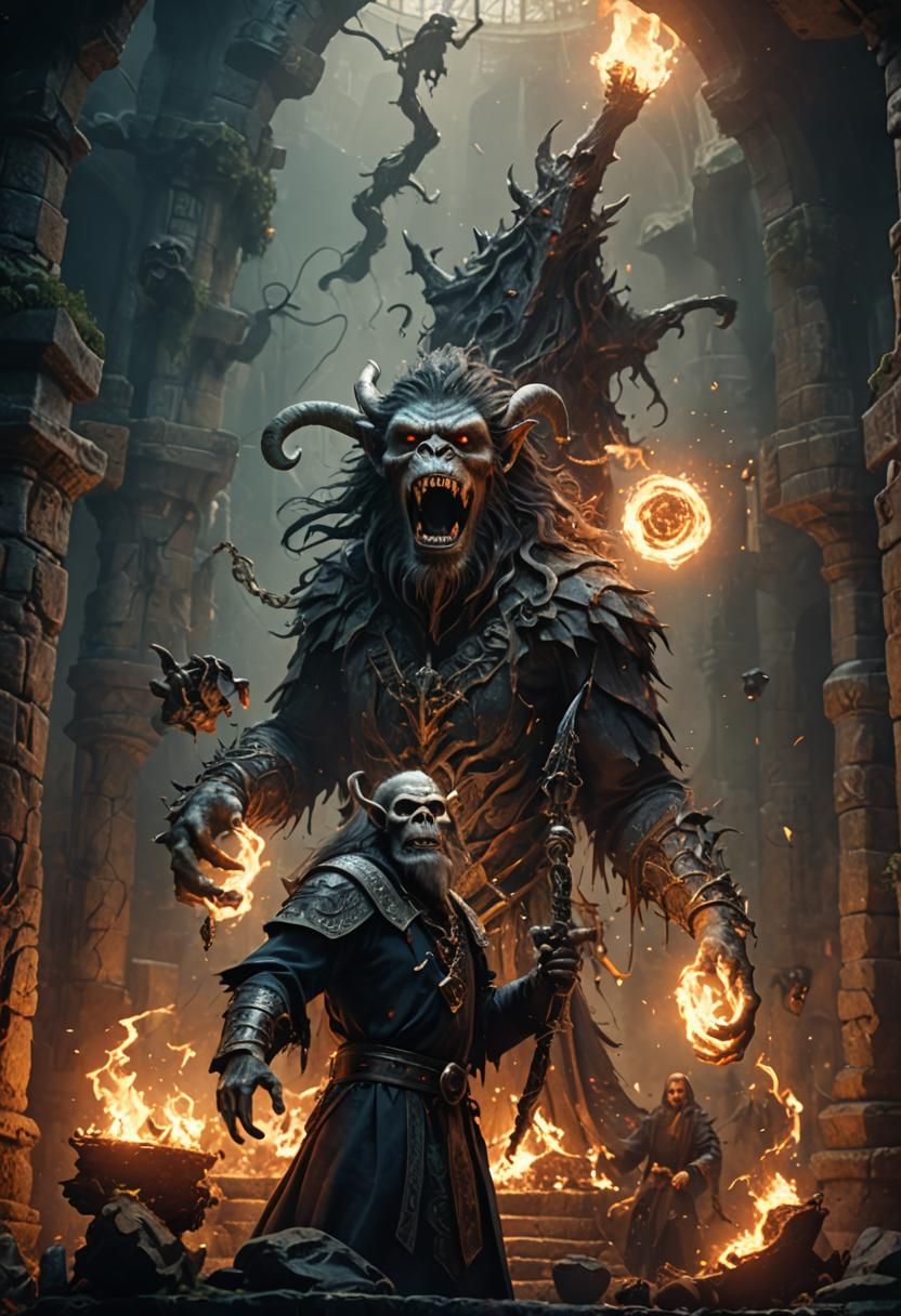 Wizards Summon Ape Demon: Fantasy Art