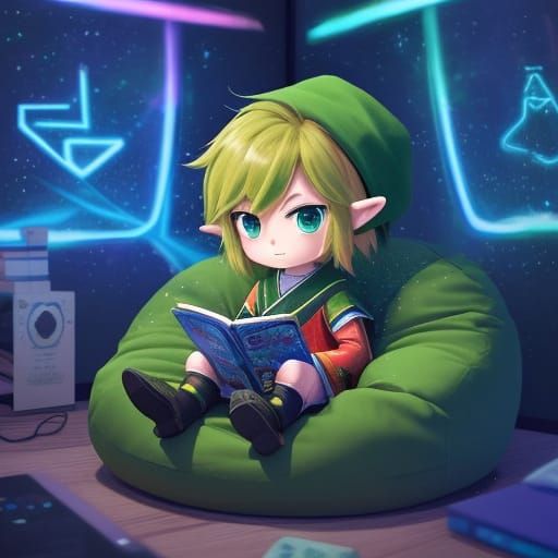 Chibi Link Reads Comic Book in Cozy Room