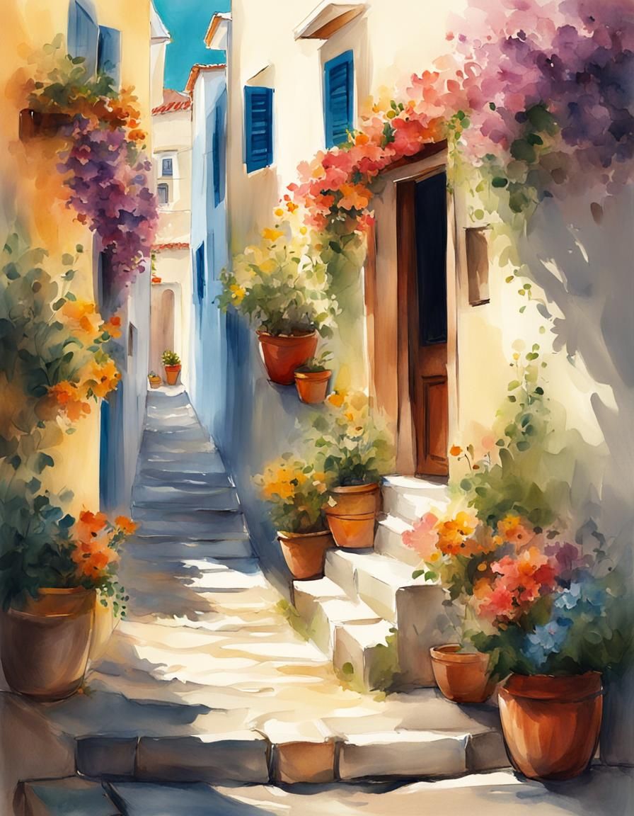 Colorful Greek Street with Flowers: Digital Illustration