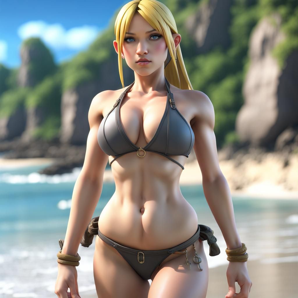Winry Rockbell Bikini Beach Pose: Detailed Digital Art