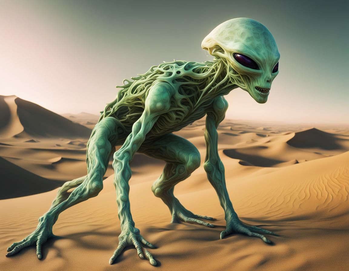 Surreal Alien Web Creature in Desert Landscape