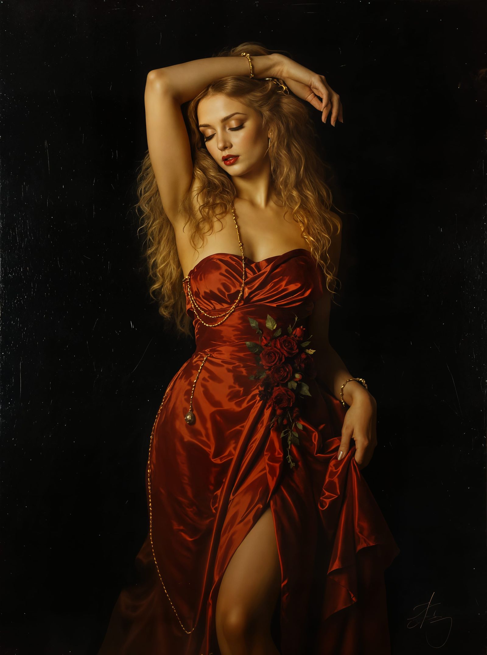 Old Master Portrait of Auburn-Haired Figure in Crimson Gown