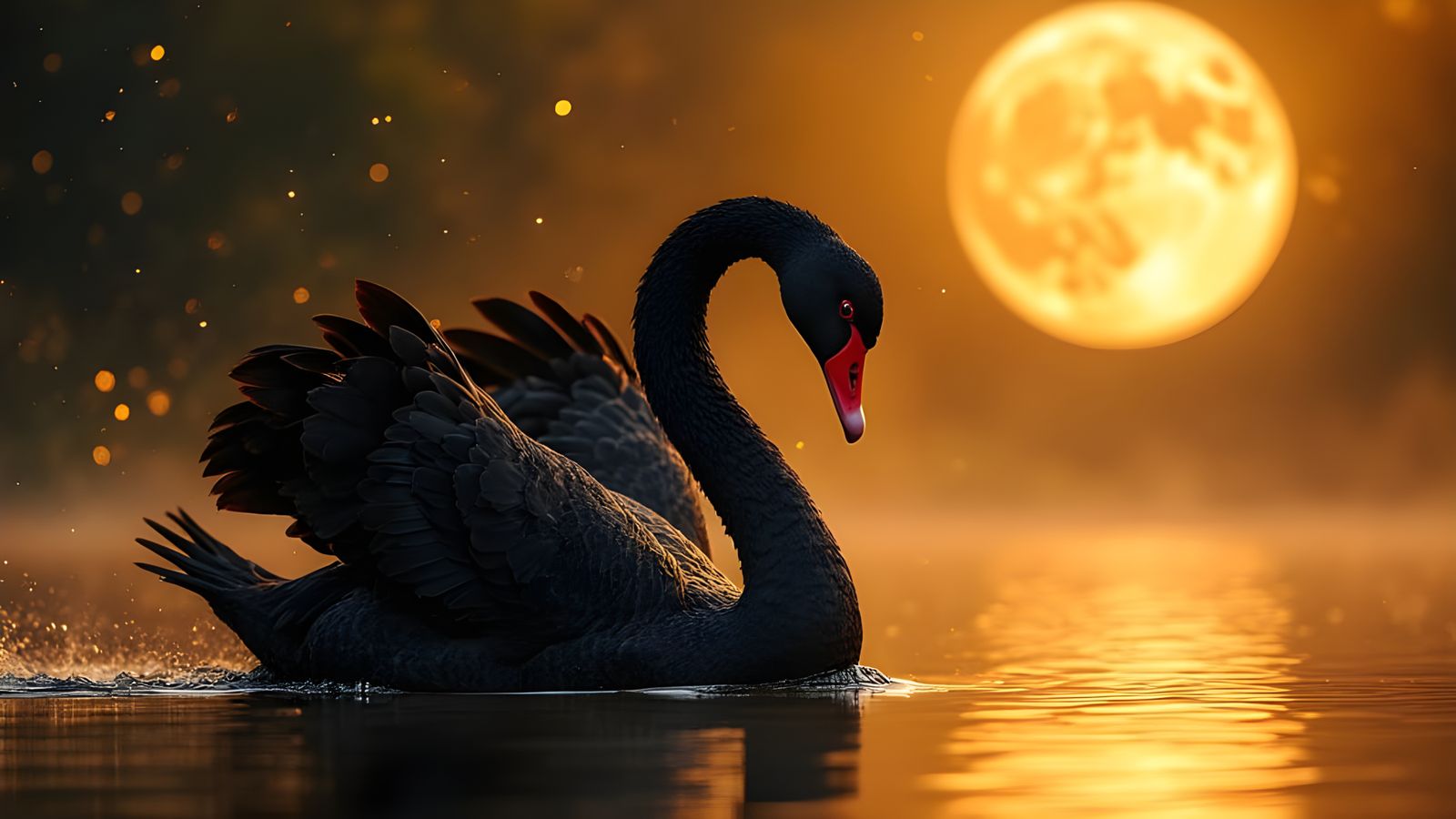Elegant Black Swan in Golden Moonlight